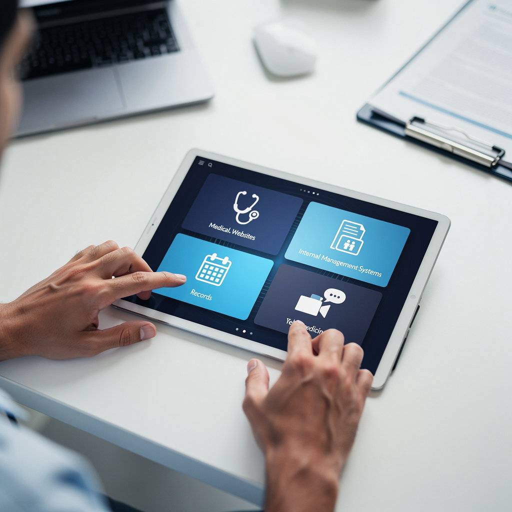 PragmaNex medical web development interface showing integrated healthcare system dashboard and patient management tools